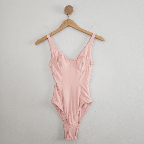 We Are Hah Tops - We Are Hah Eyes On Top Lace One-Piece Bodysuit Copper Rose Pink NWT S